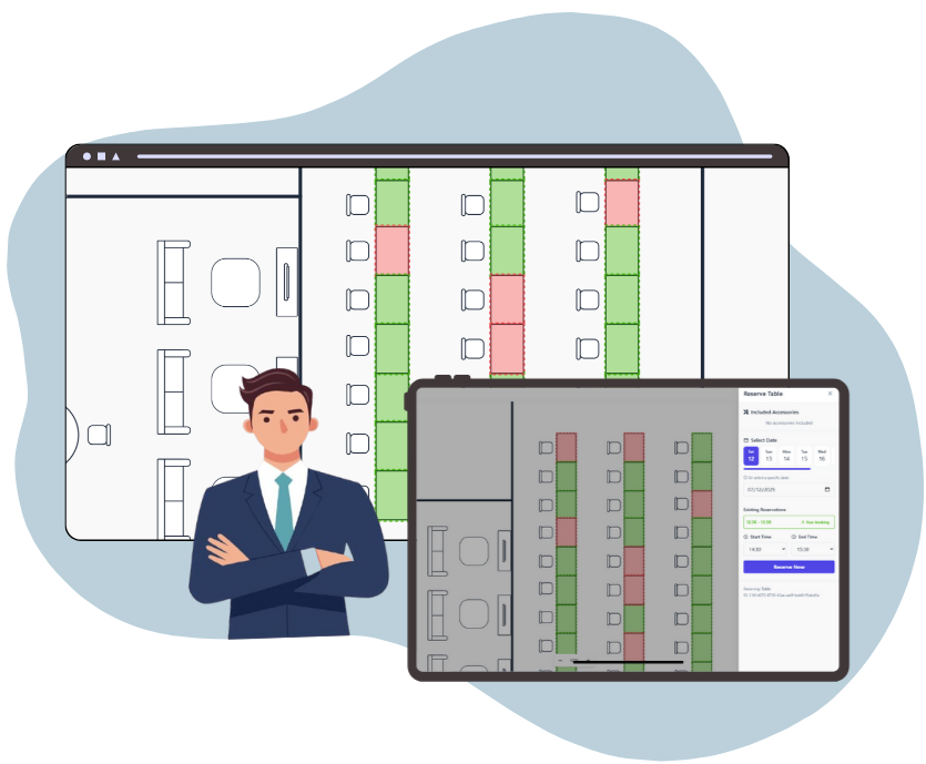 desqly desk booking system dashboard showing office floor plan and reservation interface